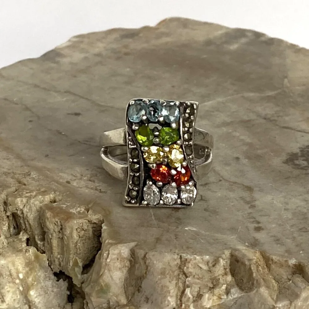 Sterling Silver 925 Multi Color Oval Cubic Zirconia CZ Ring Sz 7.75